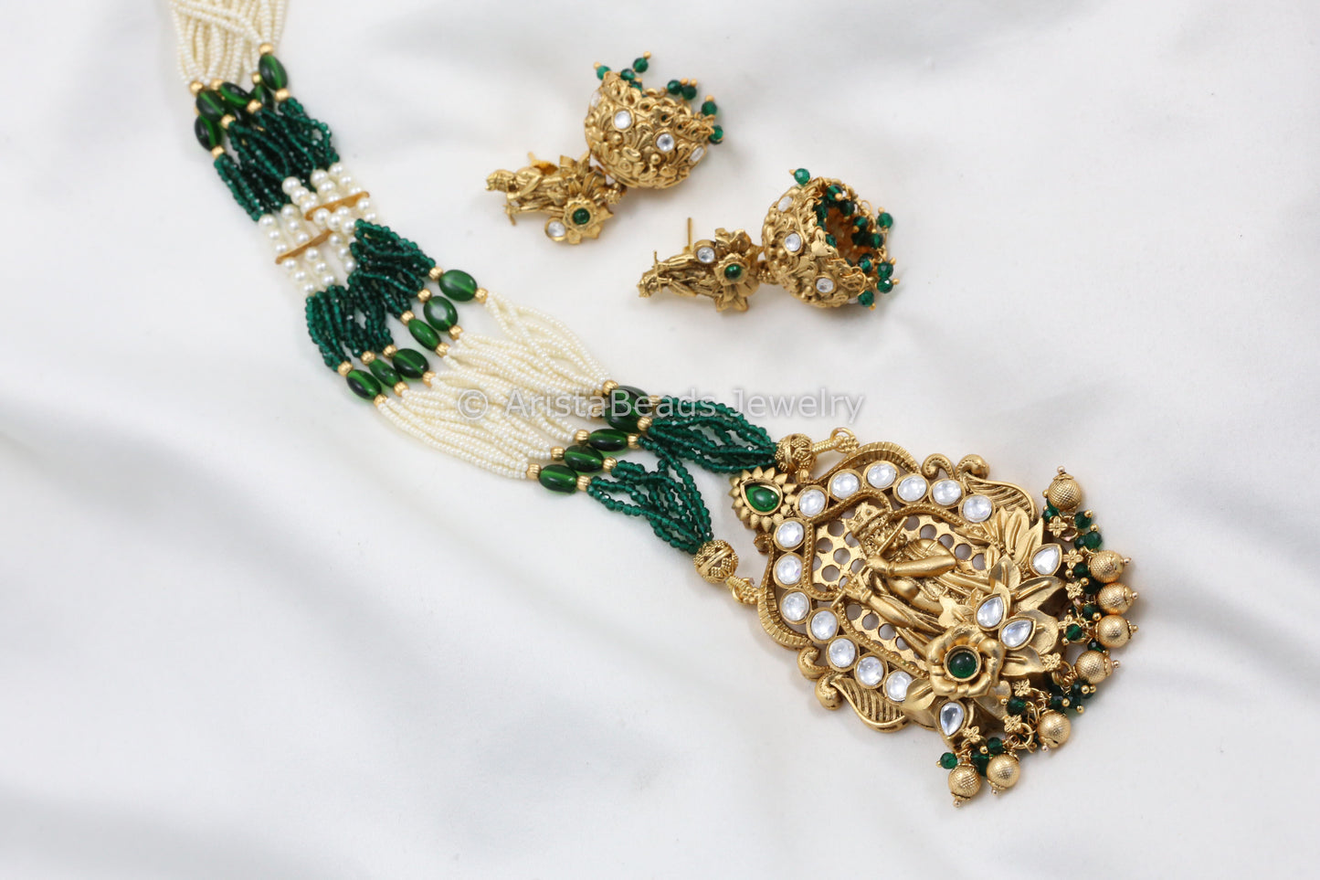 Shri Krishna Kundan Polki Necklace Set - Green