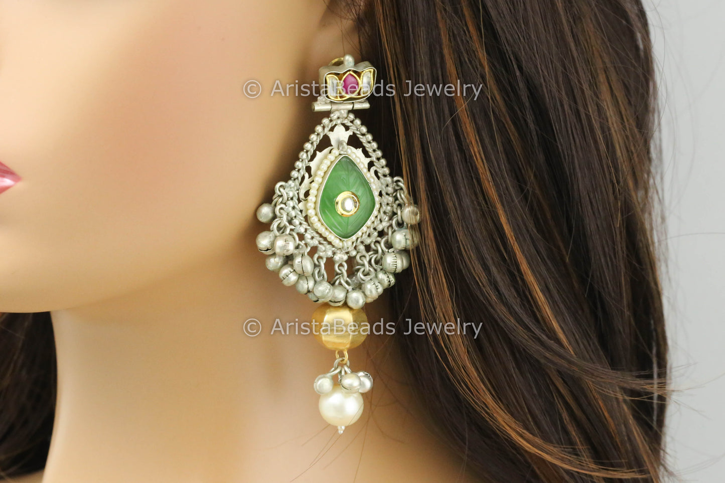 Green Carved Stone Silver Replica Earrings