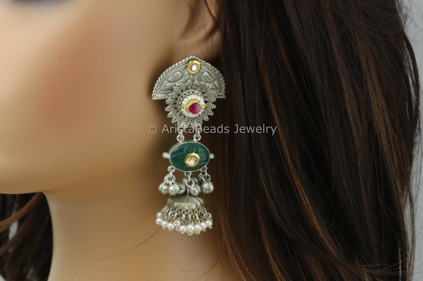 925 Silver Polish Kundan Jhumka - Green Carved Stone