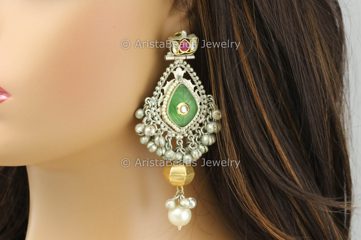 Green Carved Stone Silver Replica Earrings