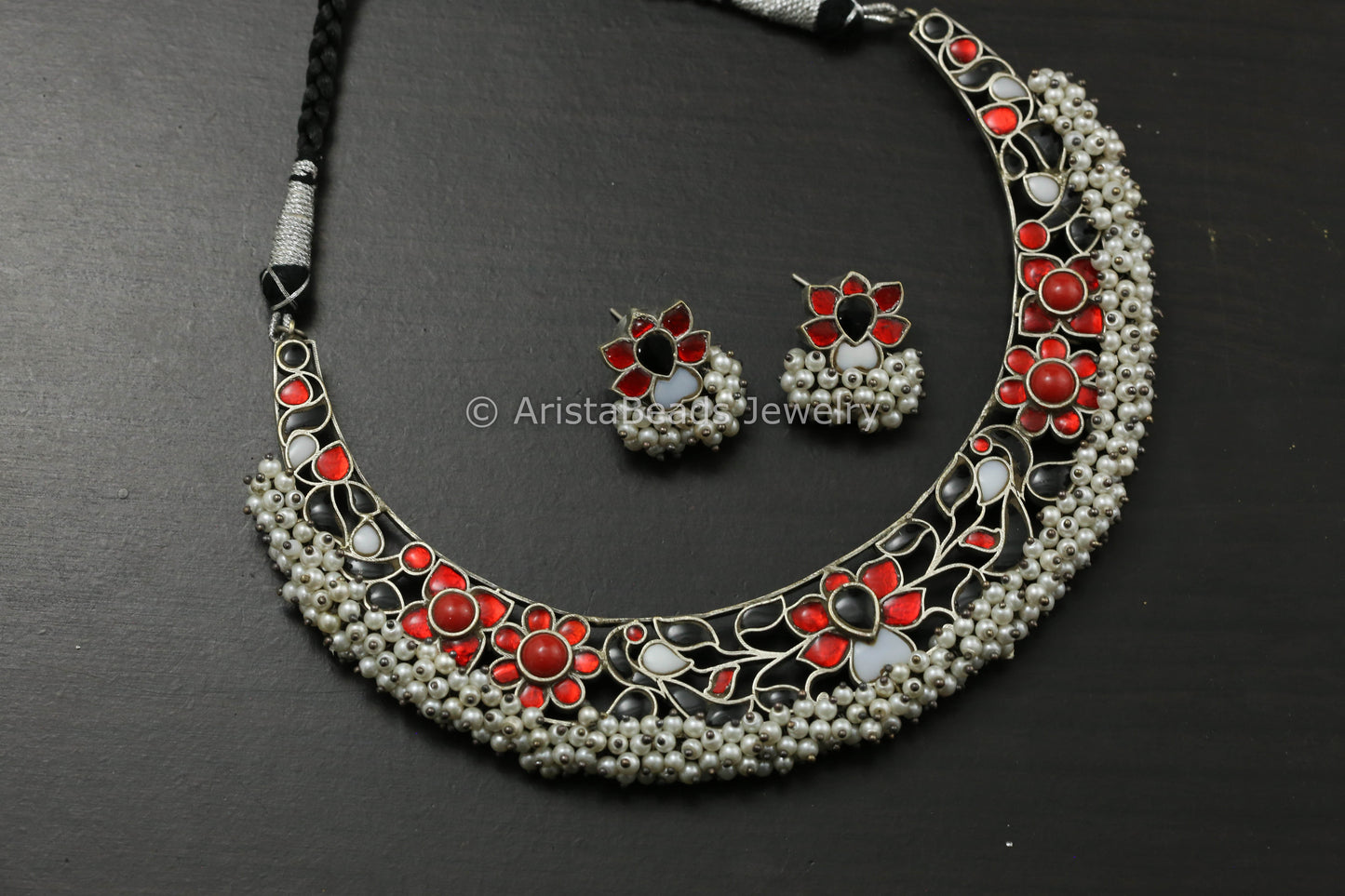 Silver Finish Jadau Hasli Necklace Set - Red Black