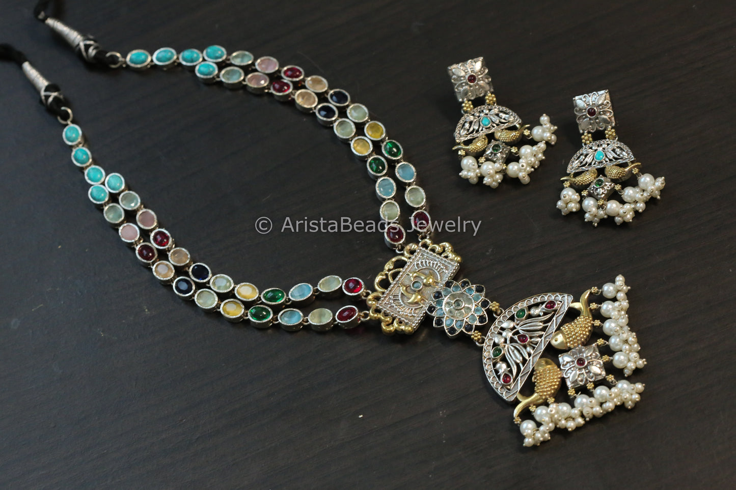 Dual Tone Navratan Kemp Brass Necklace Set
