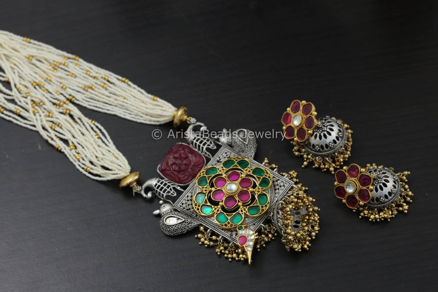 Dual Tone Pota Stone Kundan Necklace Set -Red Green