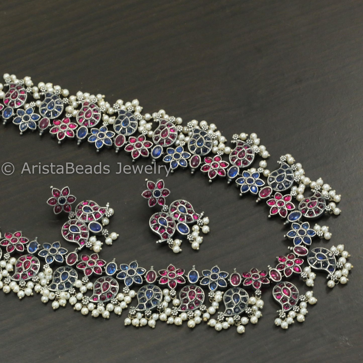 Blue Ruby Kemp Stones Oxidized Guttapasulu Necklace Set