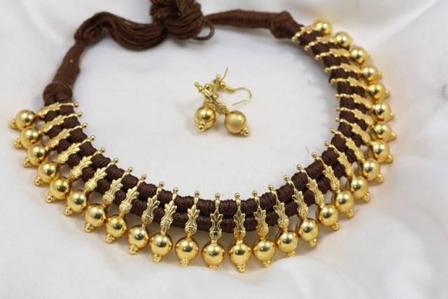 Gold Finish Thread Necklace - Brown