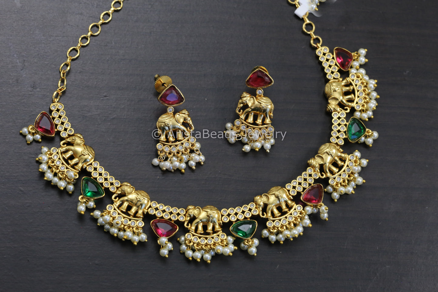 Gold CZ & Elephant Necklace Set - Multi