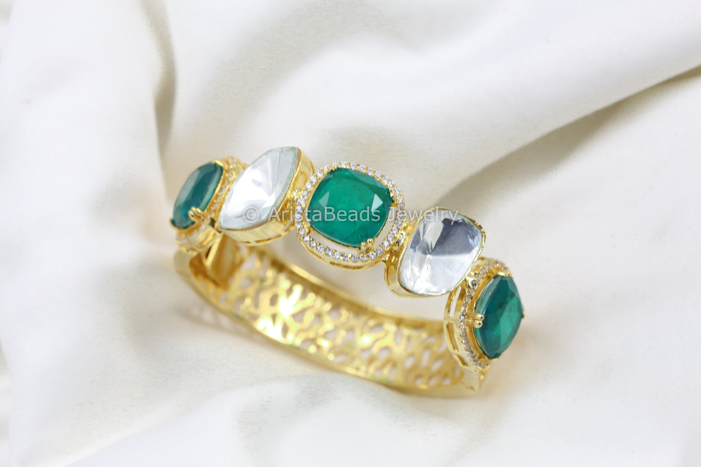 Green Doublet & Uncut Polki Bracelet (Openable)
