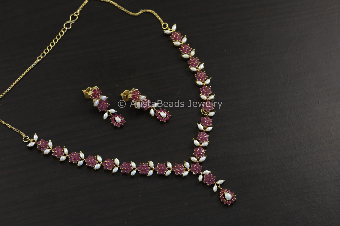 Dainty Ruby & Real Pearls Necklace Set
