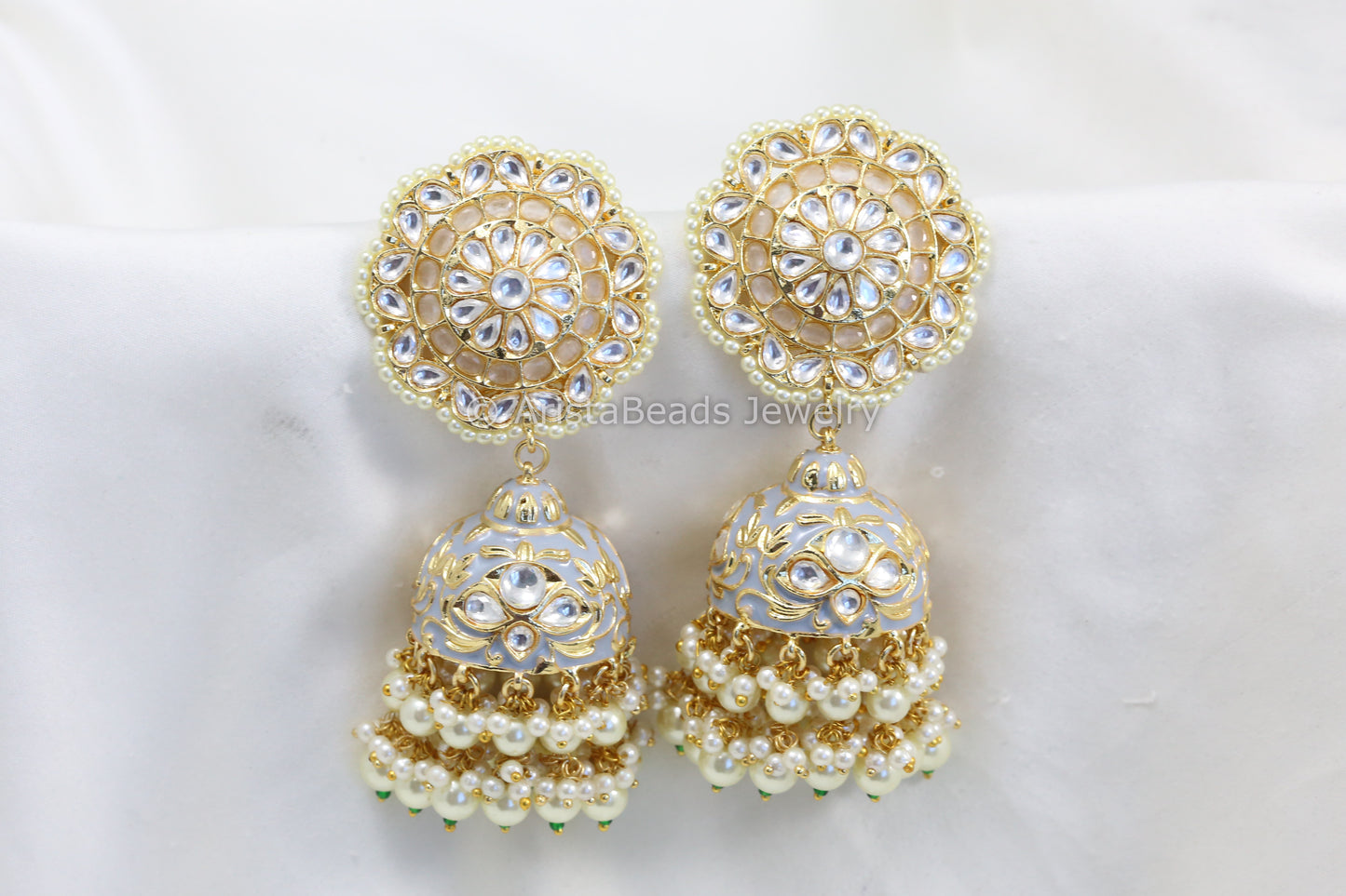 Extra Large Uncut Kundan Enamel Jhumka - Gray