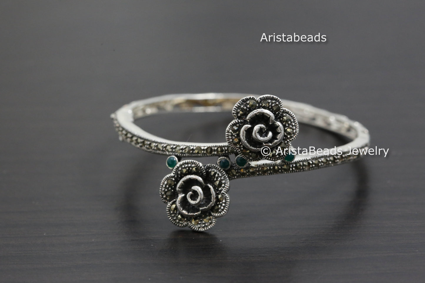 925 Sterling Silver Marcasite & Green Onyx Bracelet