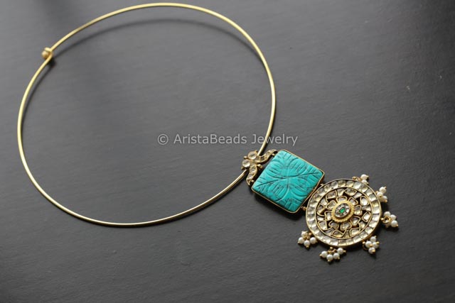 Jadau Kundan Pendant Hasli Necklace - Turquoise Cab