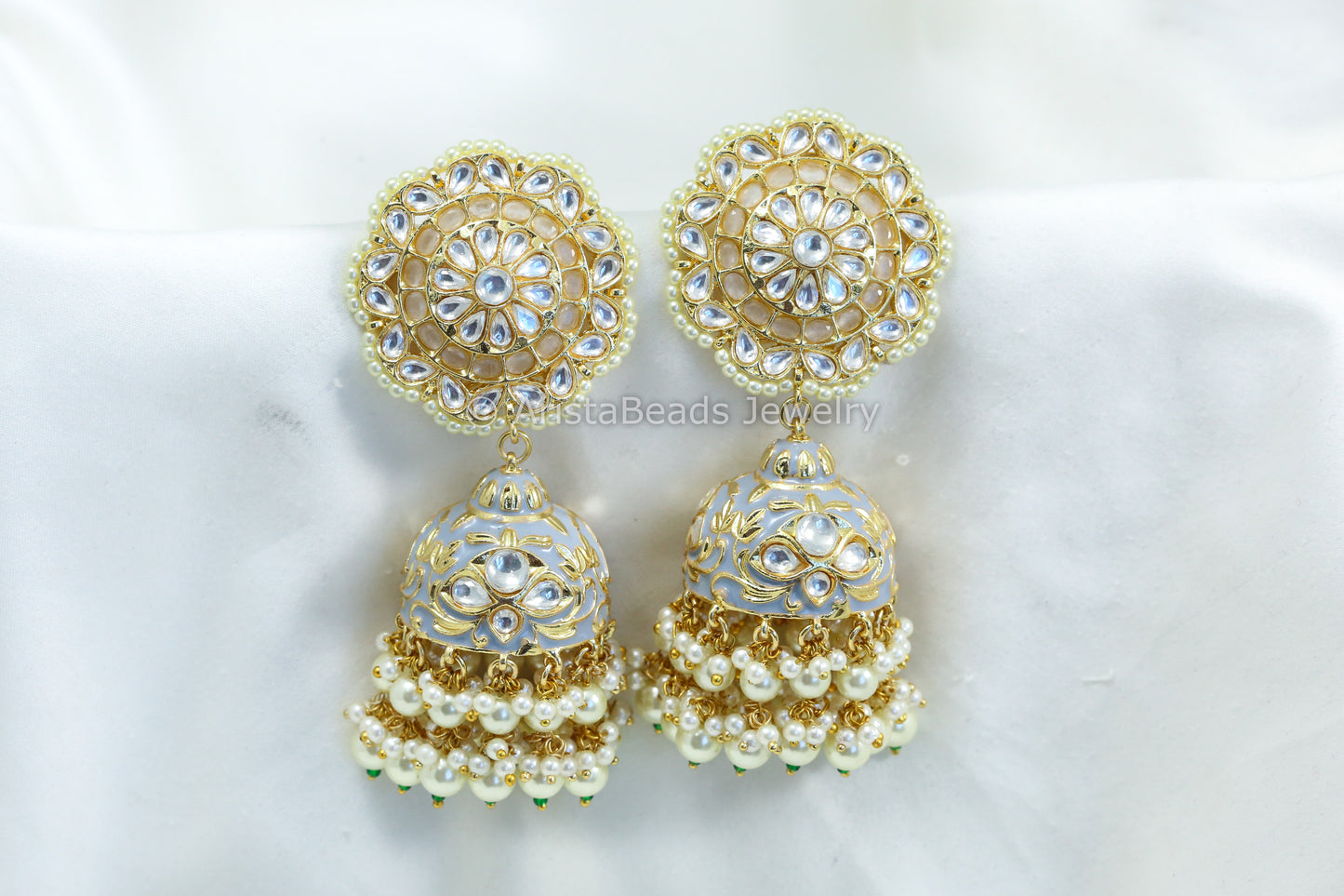 Extra Large Uncut Kundan Enamel Jhumka - Gray