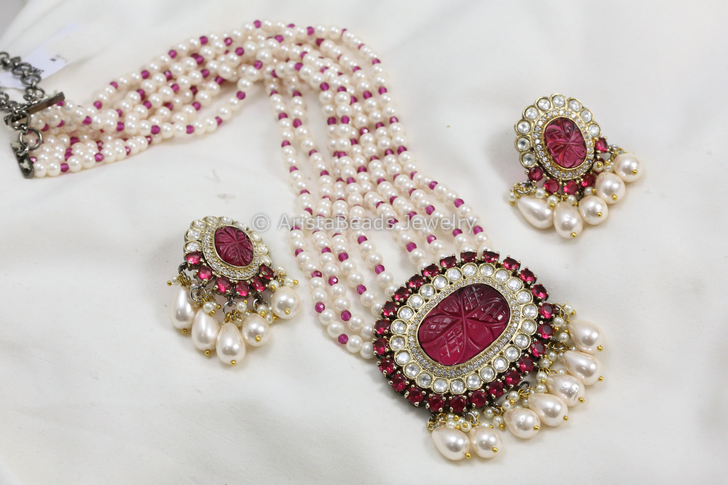 Carved Red Stone, Micro CZ & Kundan Necklace In Peal Mala