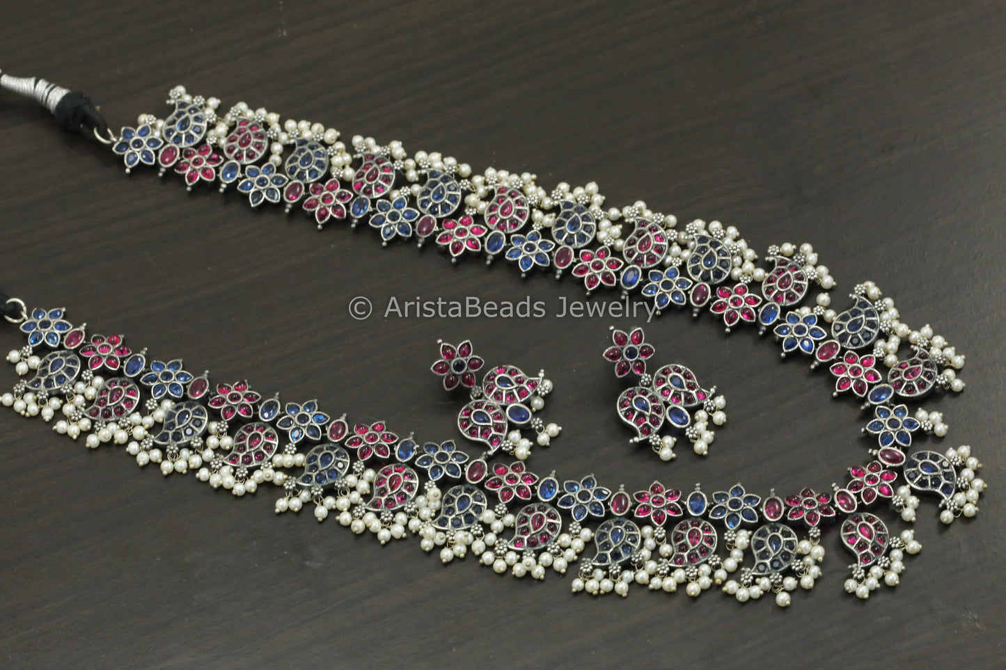 Blue Ruby Kemp Stones Oxidized Guttapasulu Necklace Set