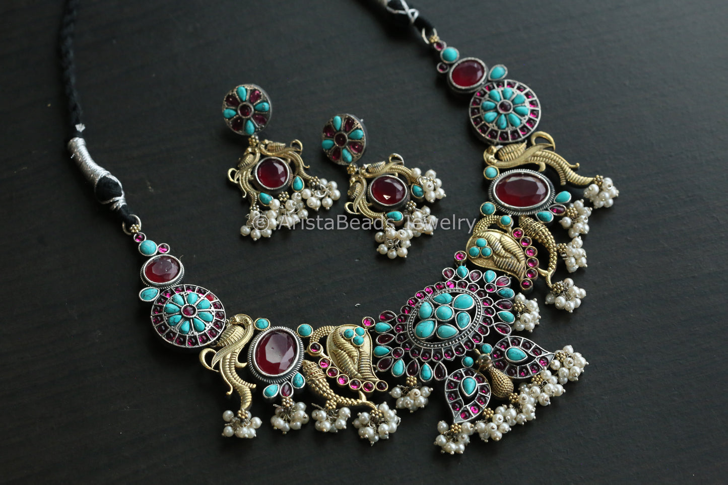 Dual Tone Kemp Stones Necklace Set - Turquoise Ruby