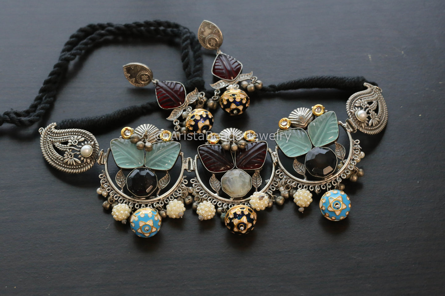 Handmade Carved Stone Kundan Necklace Set -Mint