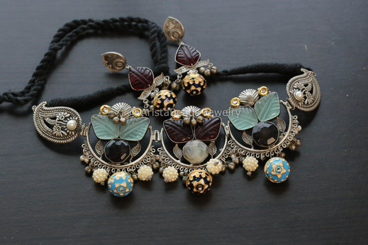 Handmade Carved Stone Kundan Necklace Set -Mint