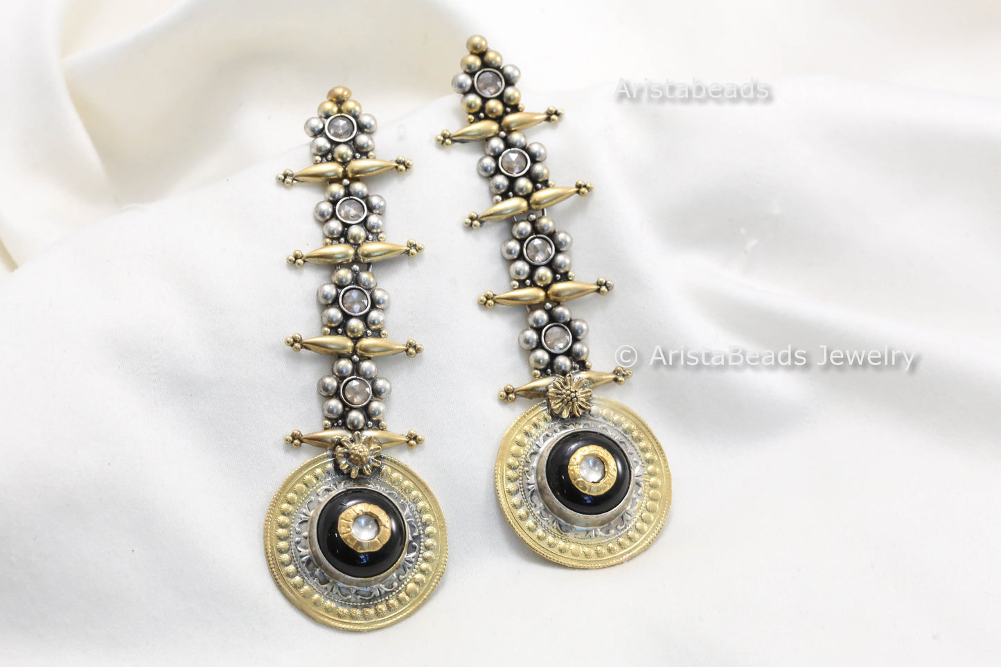 925 Sterling Silver Dual Tone Black Onyx Earrings