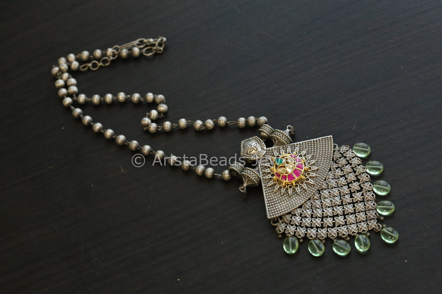 Silver Look Jadau Necklace - Apple Green Drops