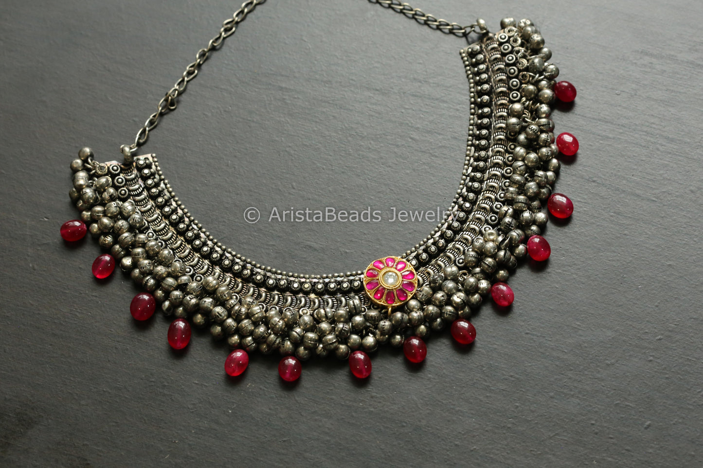Handmade Oxidized Ghungroo Necklace - Kundan Jadau Motif