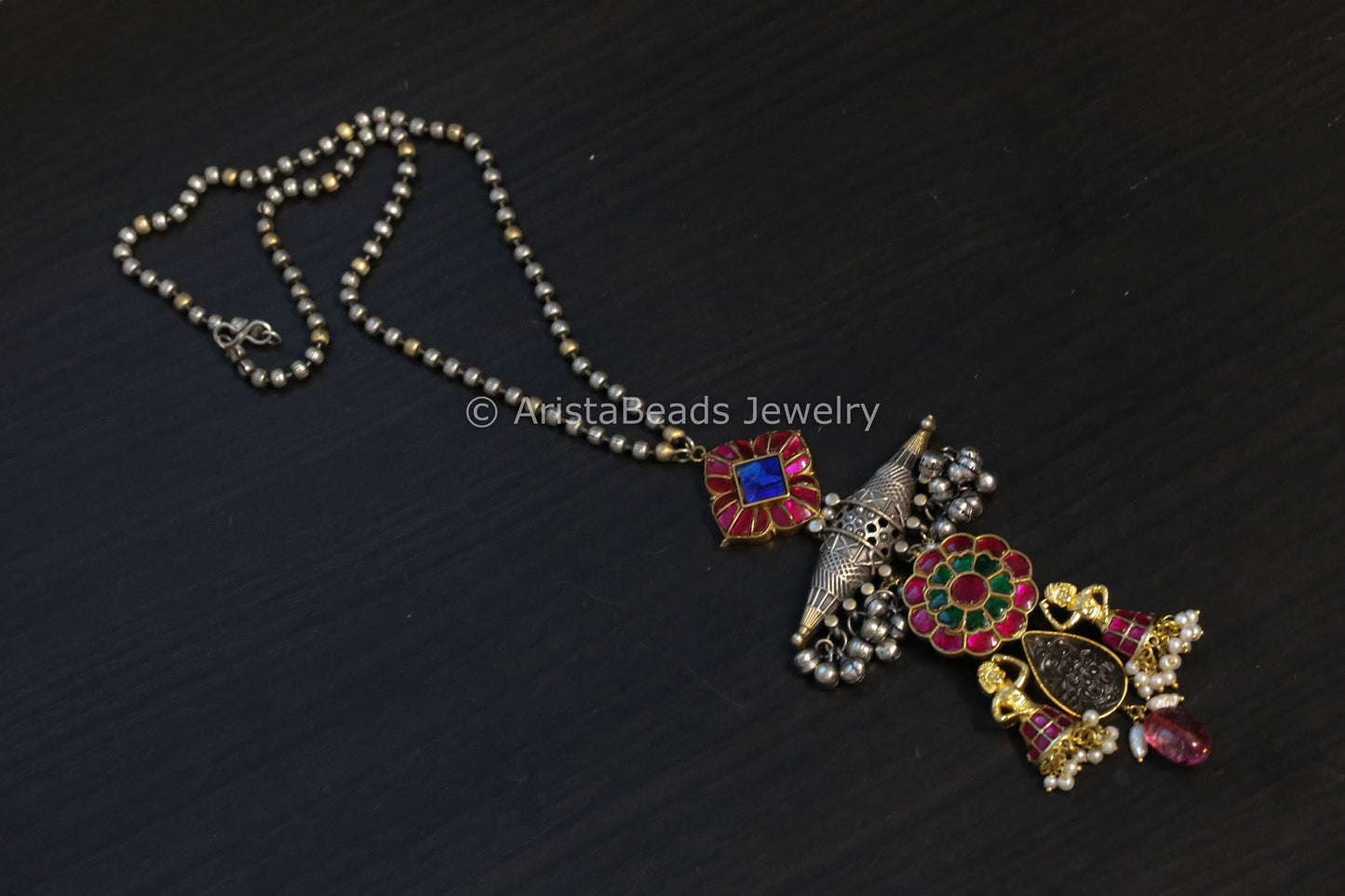 Silver Replica Carved Stone & Jadau Necklace