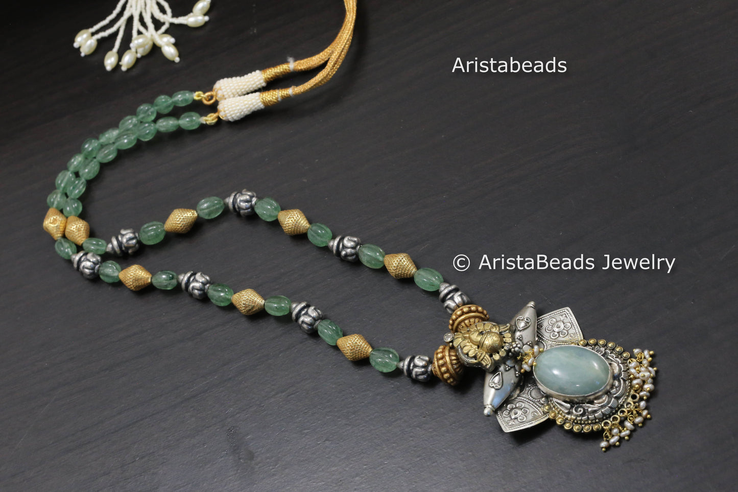 One Of A Kind 925 Sterling Silver Necklace - Larimar & Carved Quartz