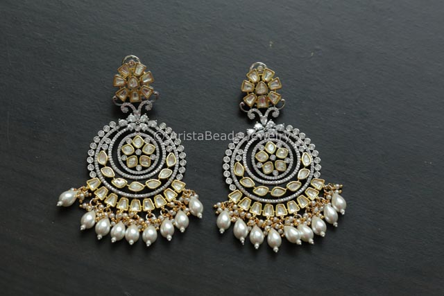 Uncut Kundan Polki Chandbaali - Pearl