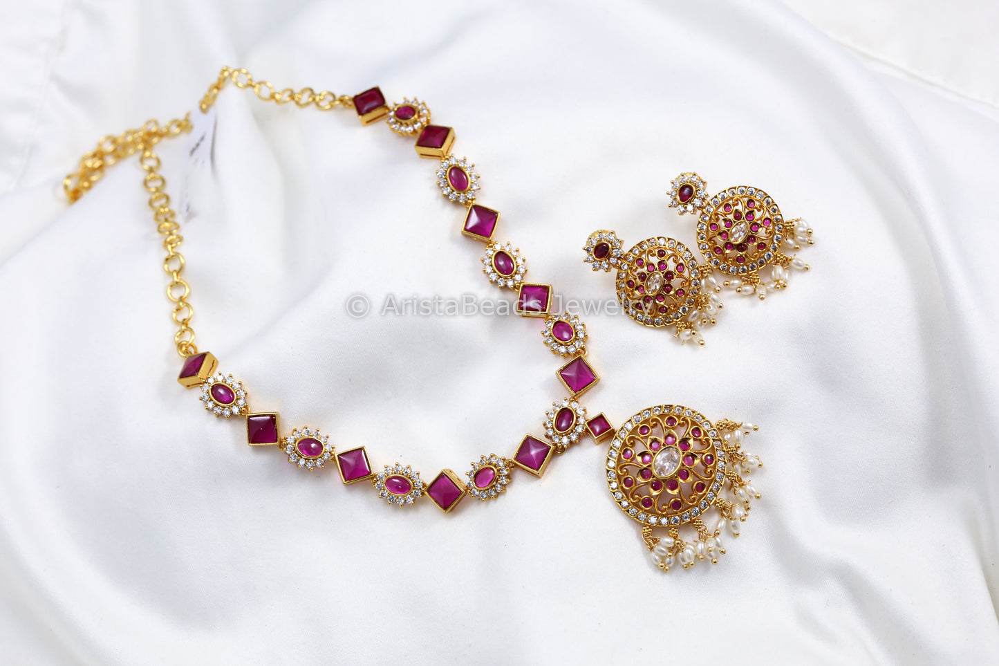 Dainty CZ Pota Stone Necklace Set With Real Pearls - Ruby