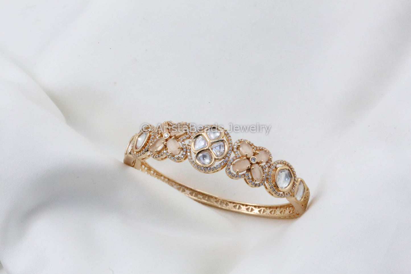 Clear & Peach Uncut Polki and CZ Bracelet (Openable)
