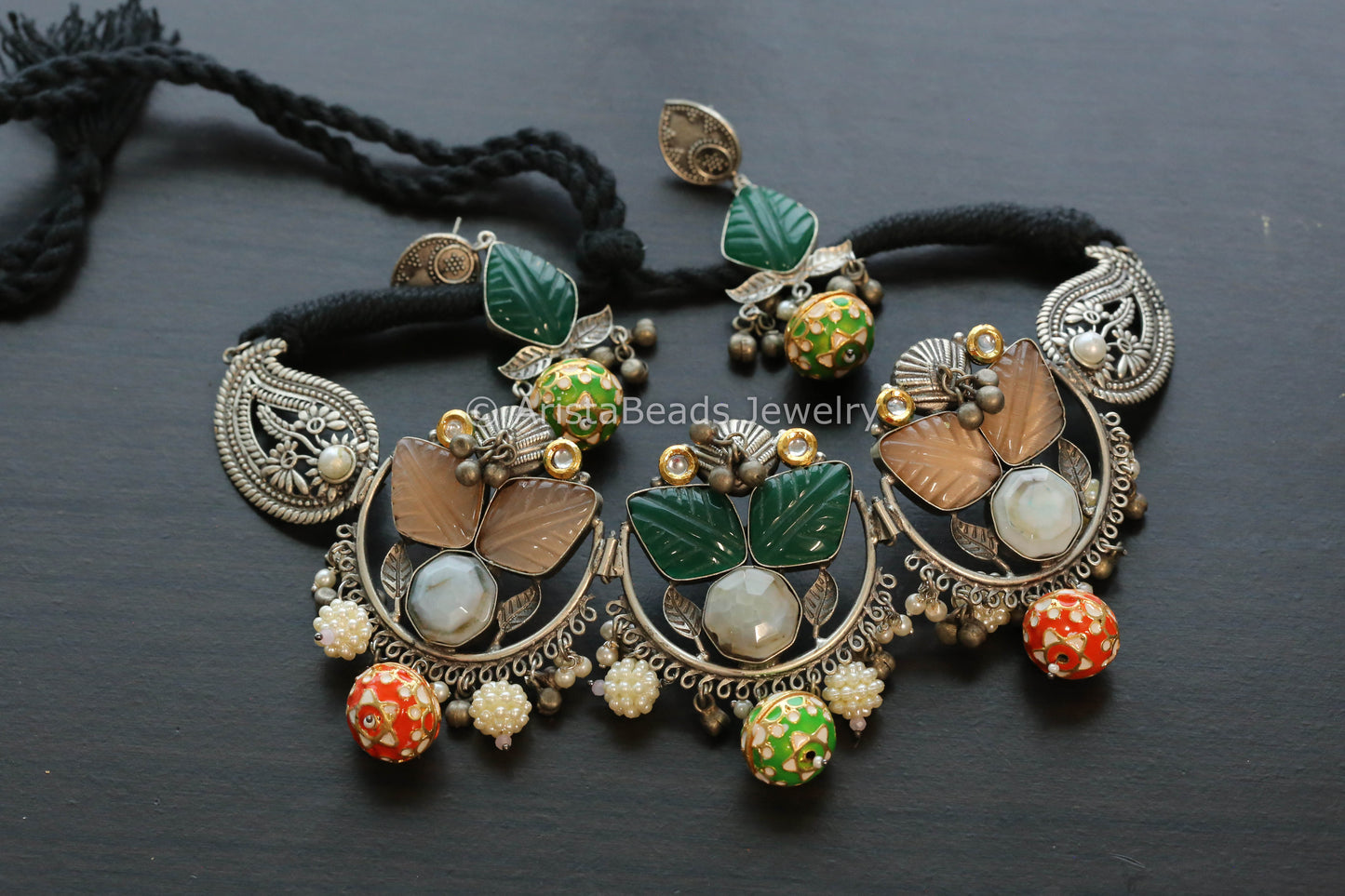 Handmade Carved Stone Kundan Necklace Set -Green Peach