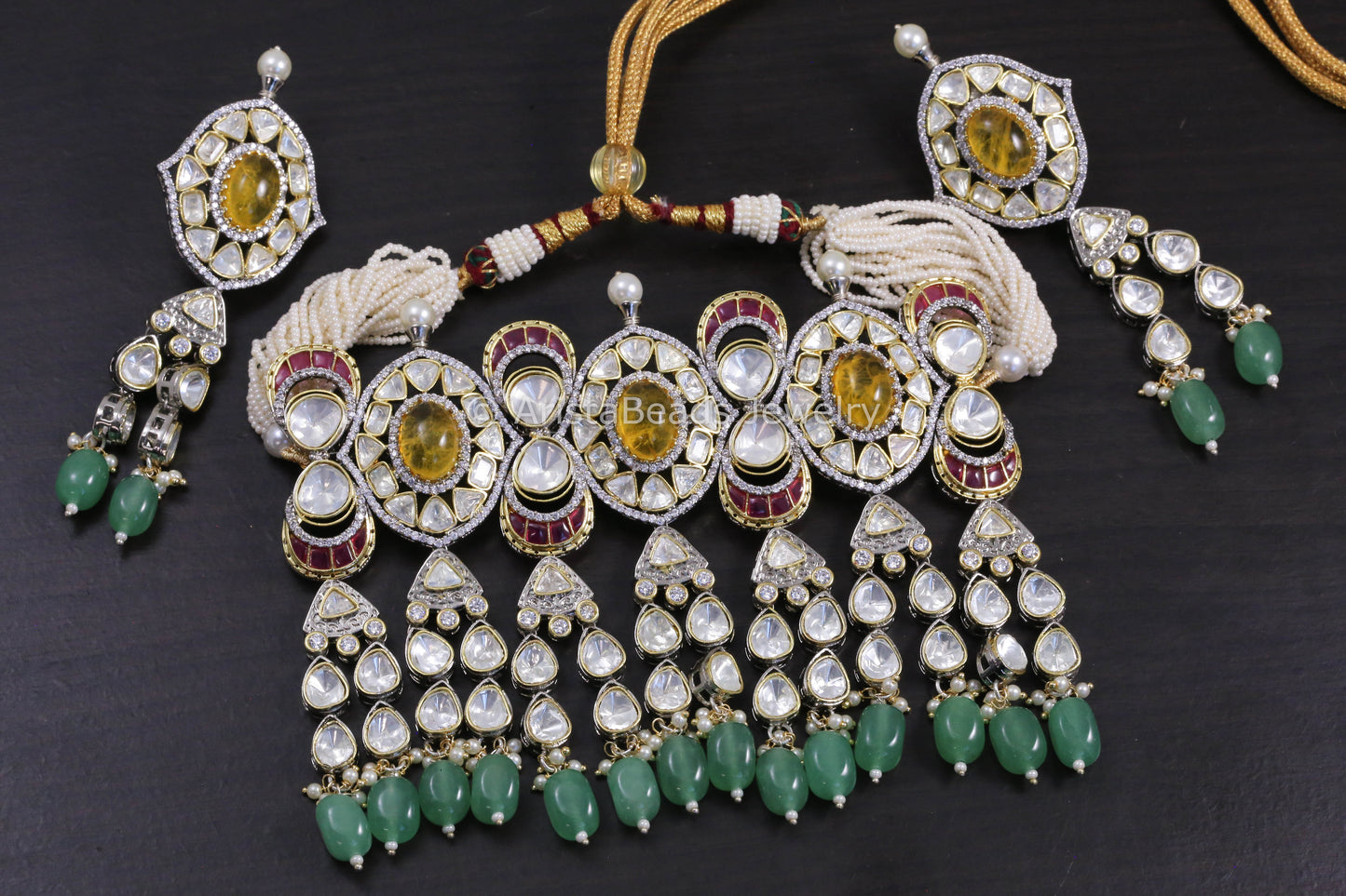 Premium Uncut Polki, Yellow Doublet & Pota Stones Necklace Set