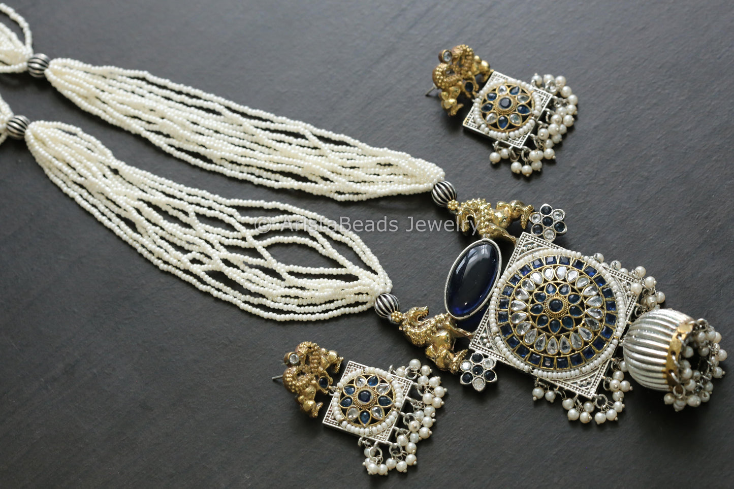 Handmade Dual Tone Jhumka Necklace Set - Blue