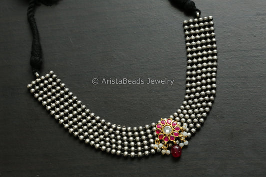 Handmade Oxidized Necklace - Ruby Kundan Jadau Motif