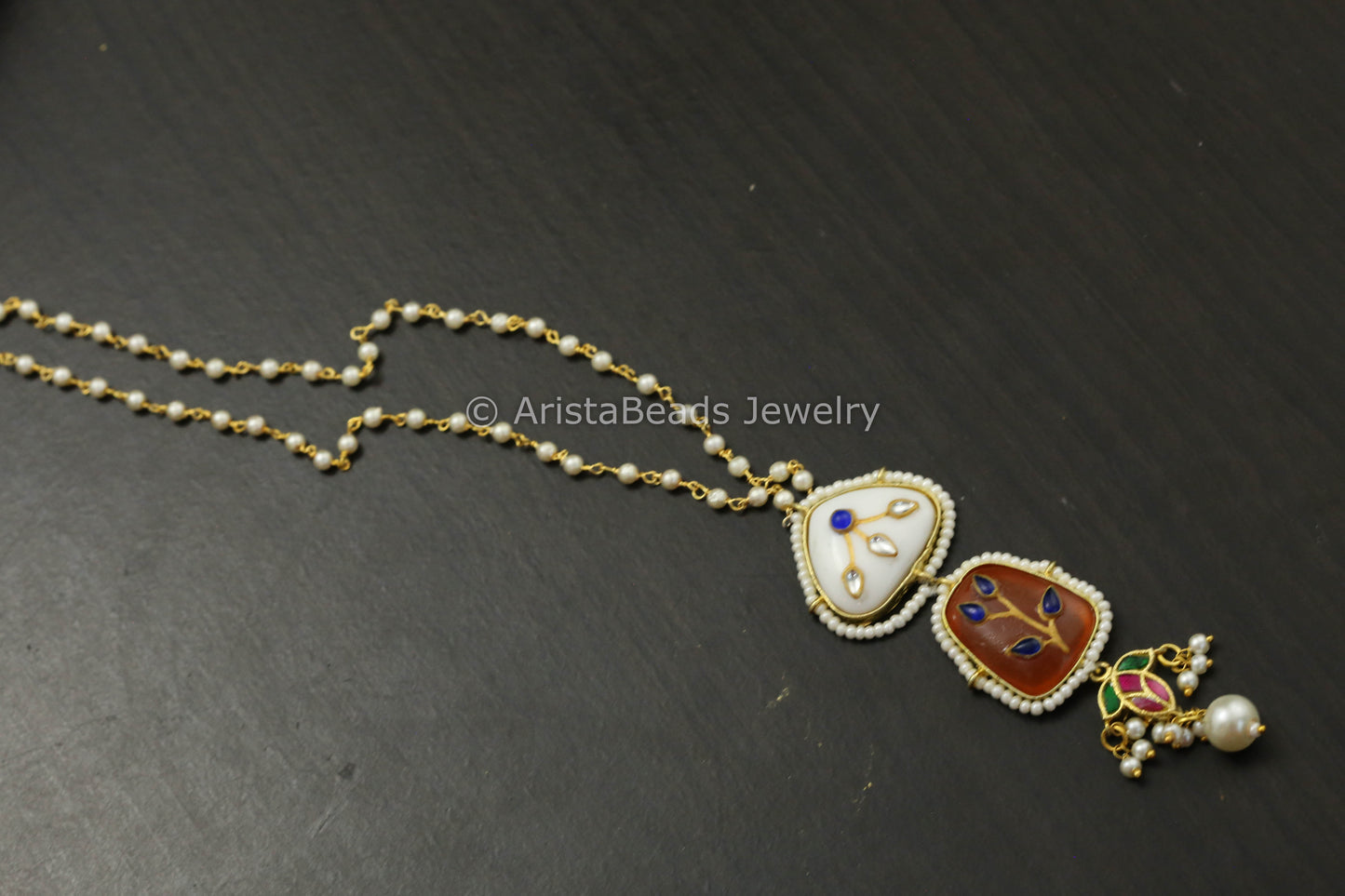 Dainty Jadau Kundan Pendant Necklace - White Orange