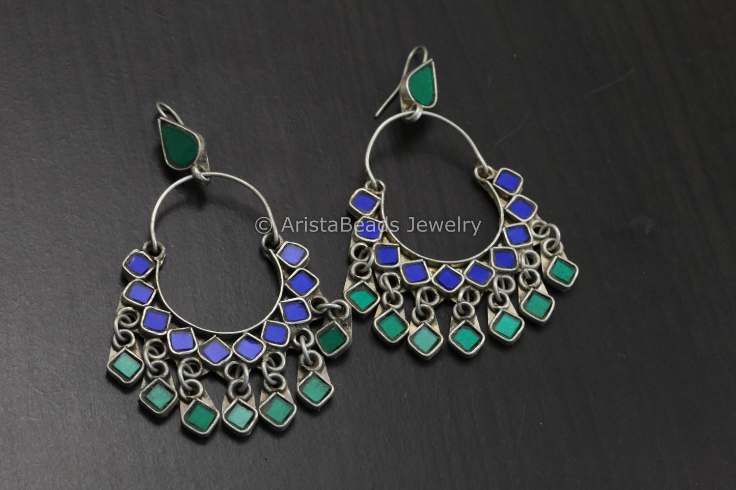 Real Glass Silver Look Alike Chandbaali - Blue Green