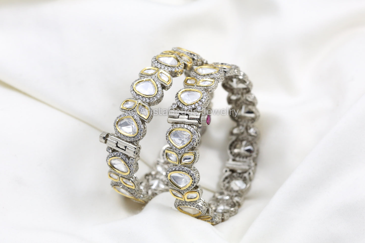 Moissanite Look Kundan Polki & CZ Bangle Set