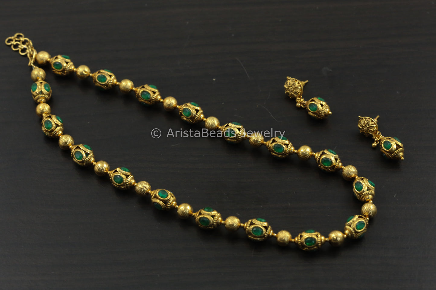 Antique Gold Green Beaded Necklace Set