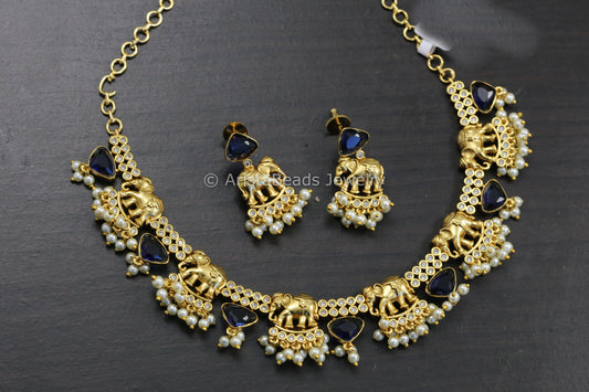 Gold CZ & Elephant Necklace Set - Blue