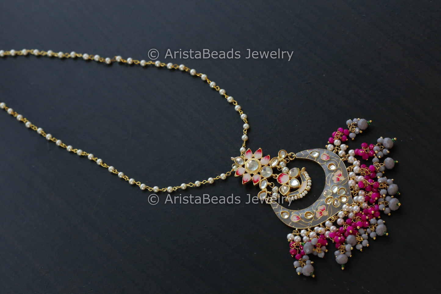 Handmade Pearl Chain Necklace With Enamel Pendant - Gray