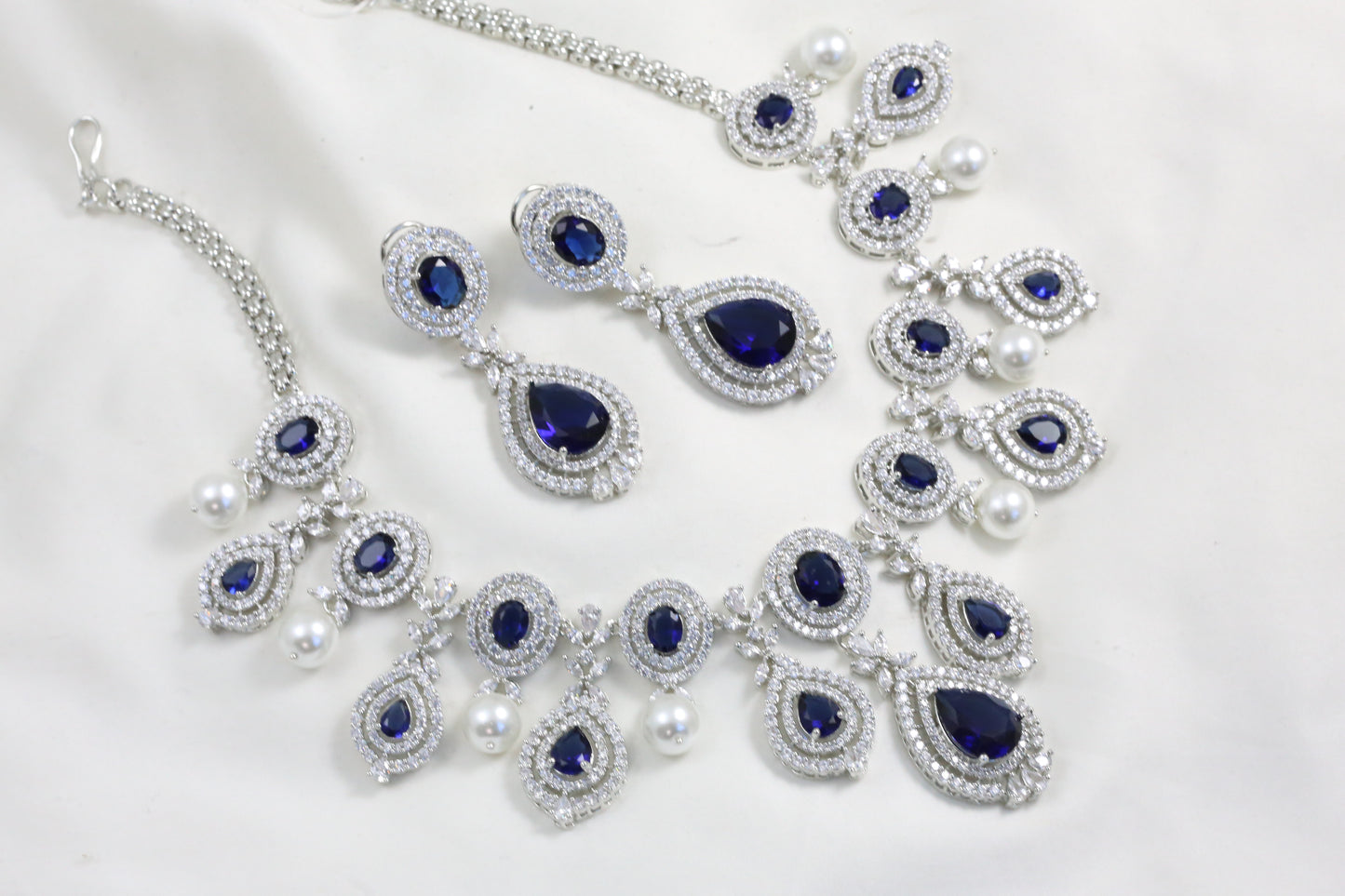 Sapphire Blue CZ & Pearl Necklace Set