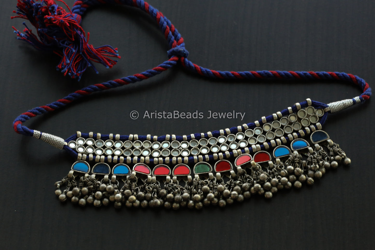 Darpan Oxidized Real Glass Necklace- Multi