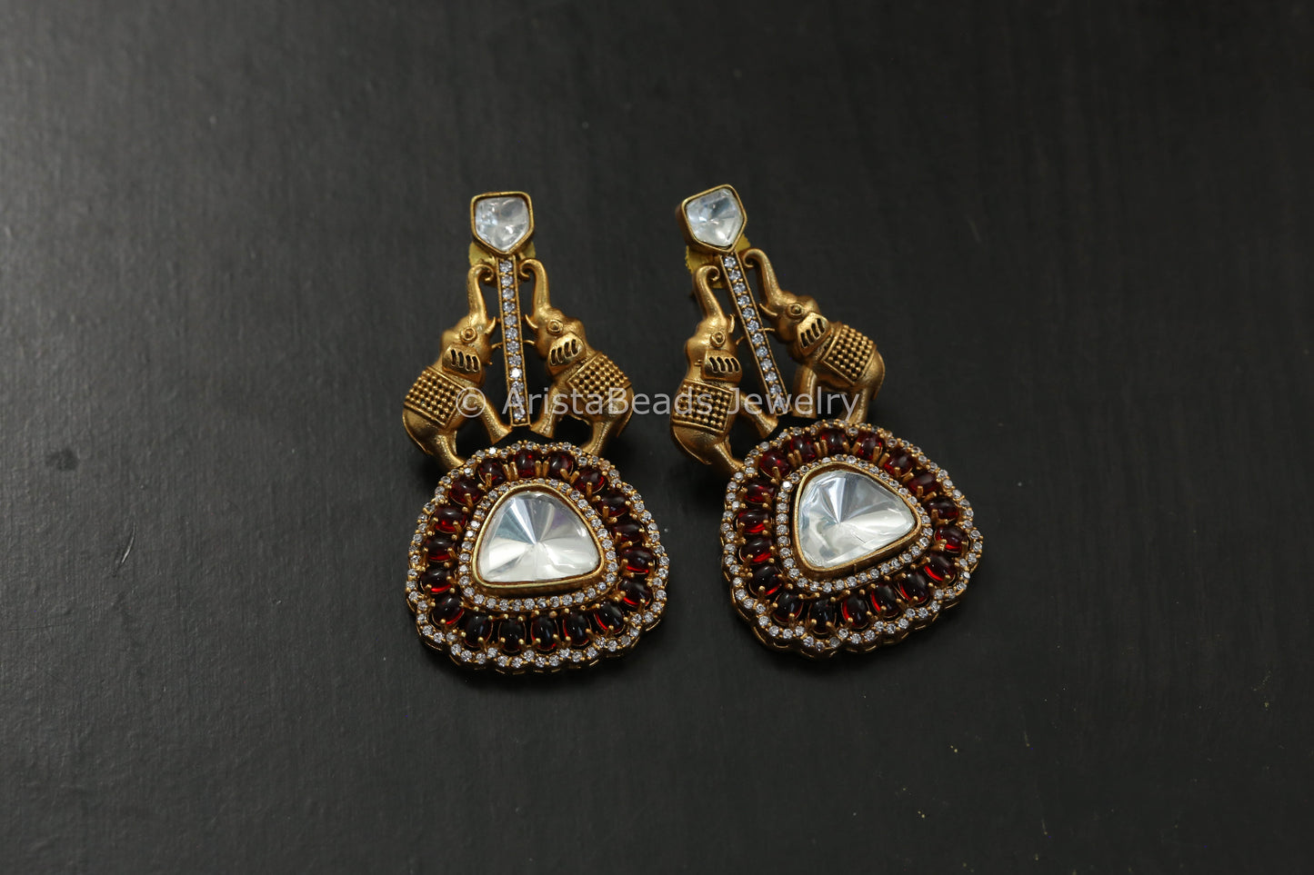 Uncut Polki Antique Earrings - Red
