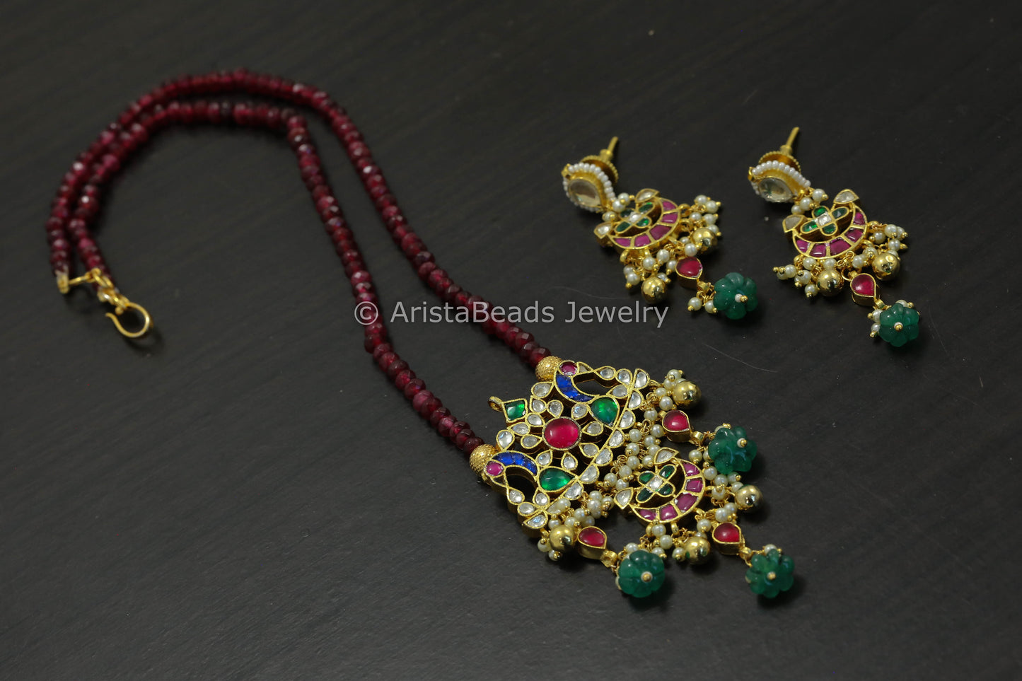Dainty Pachi Kundan & Ruby Jade Mala Necklace Set