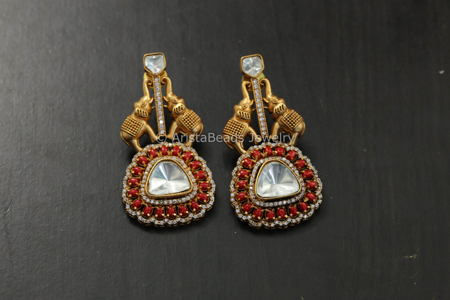 Uncut Polki Antique Earrings - Coral