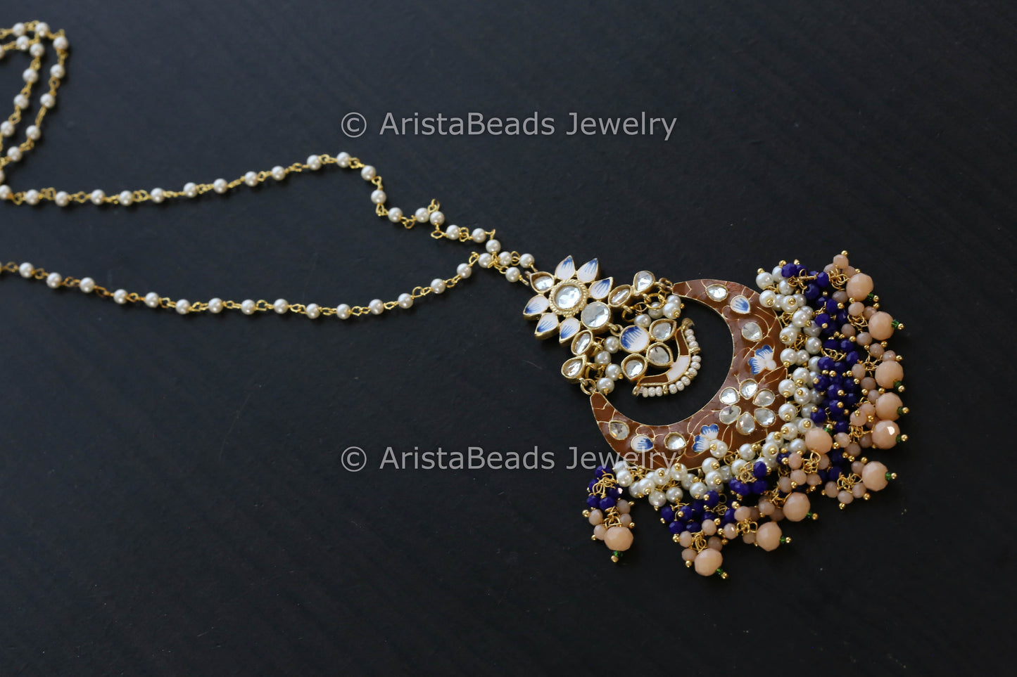 Handmade Pearl Chain Necklace With Enamel Pendant - Brown