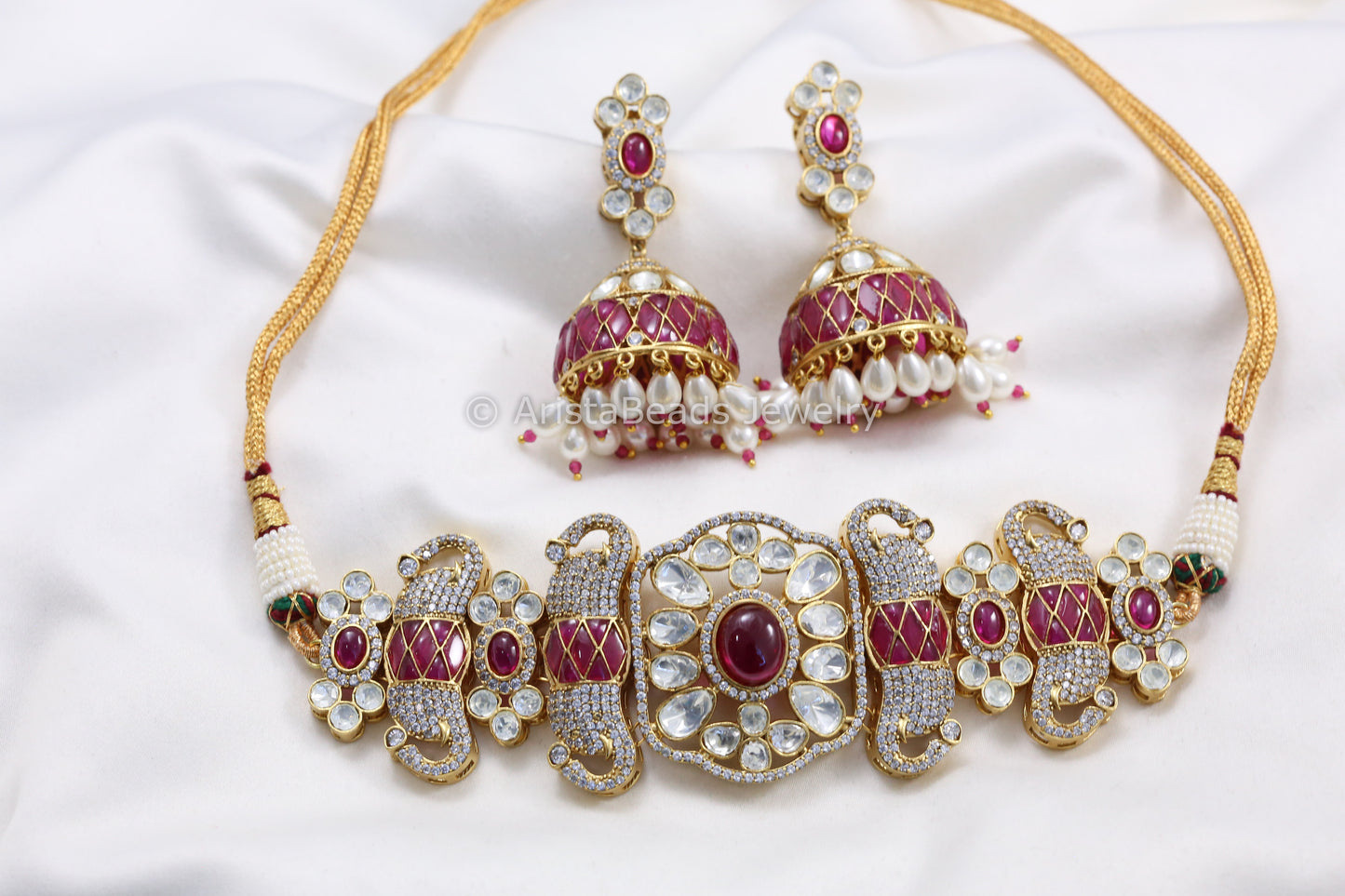 Moissanite Kundan Polki & Pota Stone Choker Set - Ruby