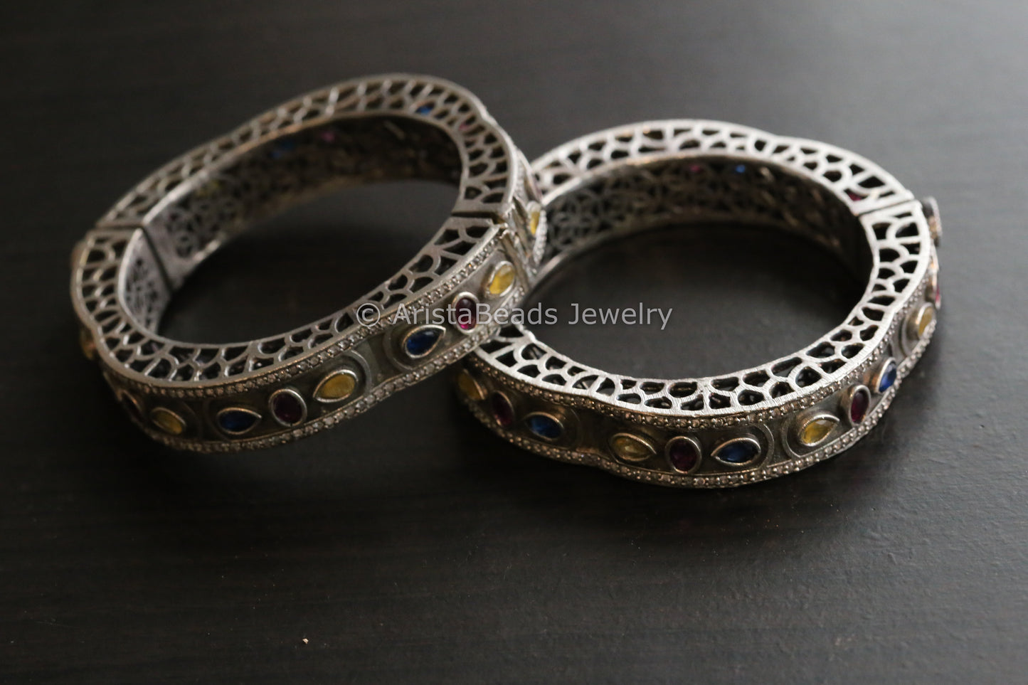 Silver Look Kemp Oxidized Bangle (Openable) - Multicolor