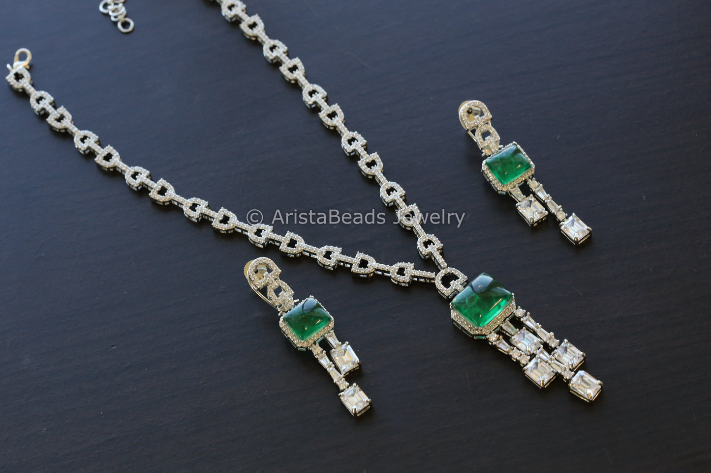 Indowestern Silver Finish CZ & Emerald Doublet Necklace Set
