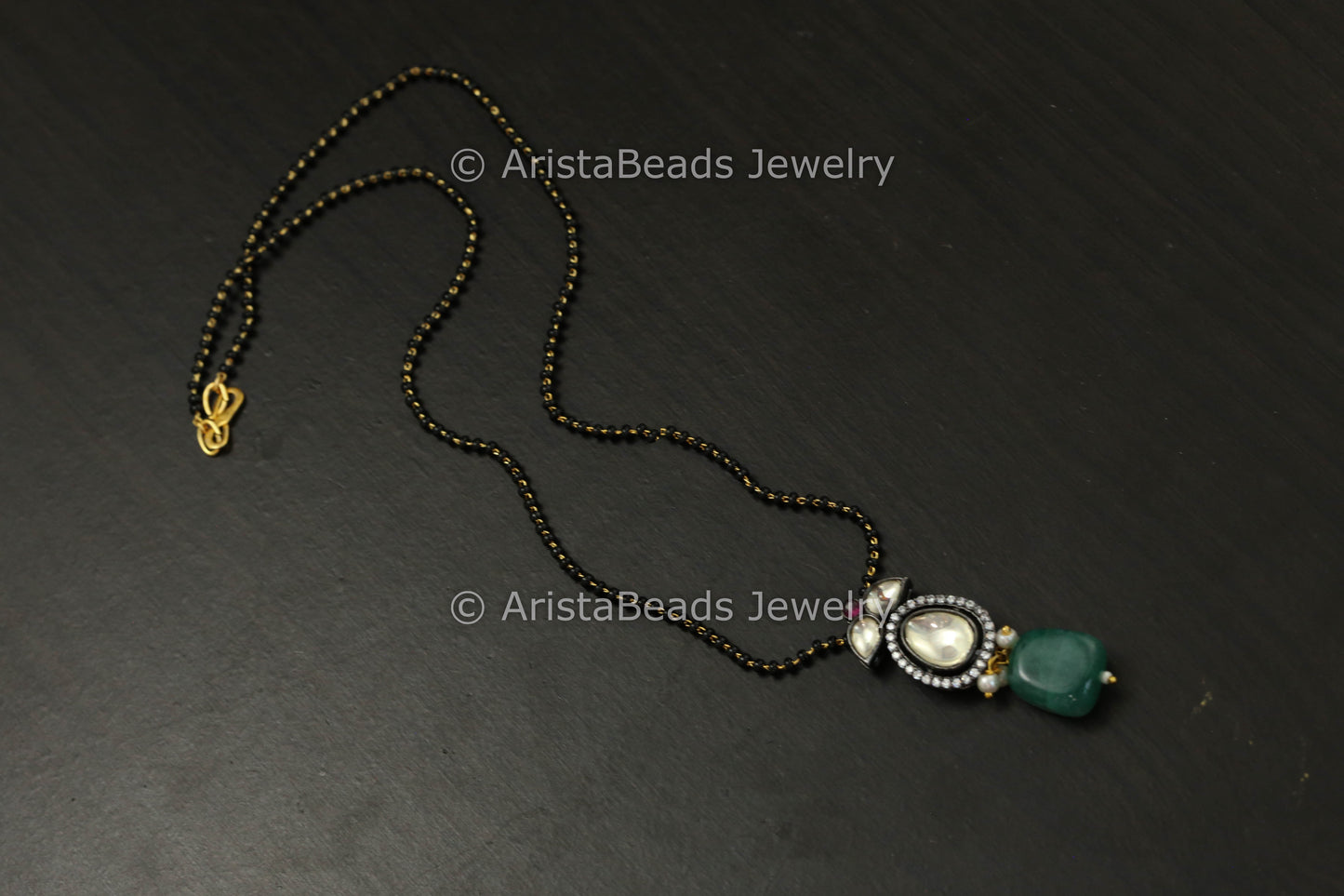 Black Bead Victorian Polki Pendant Mala