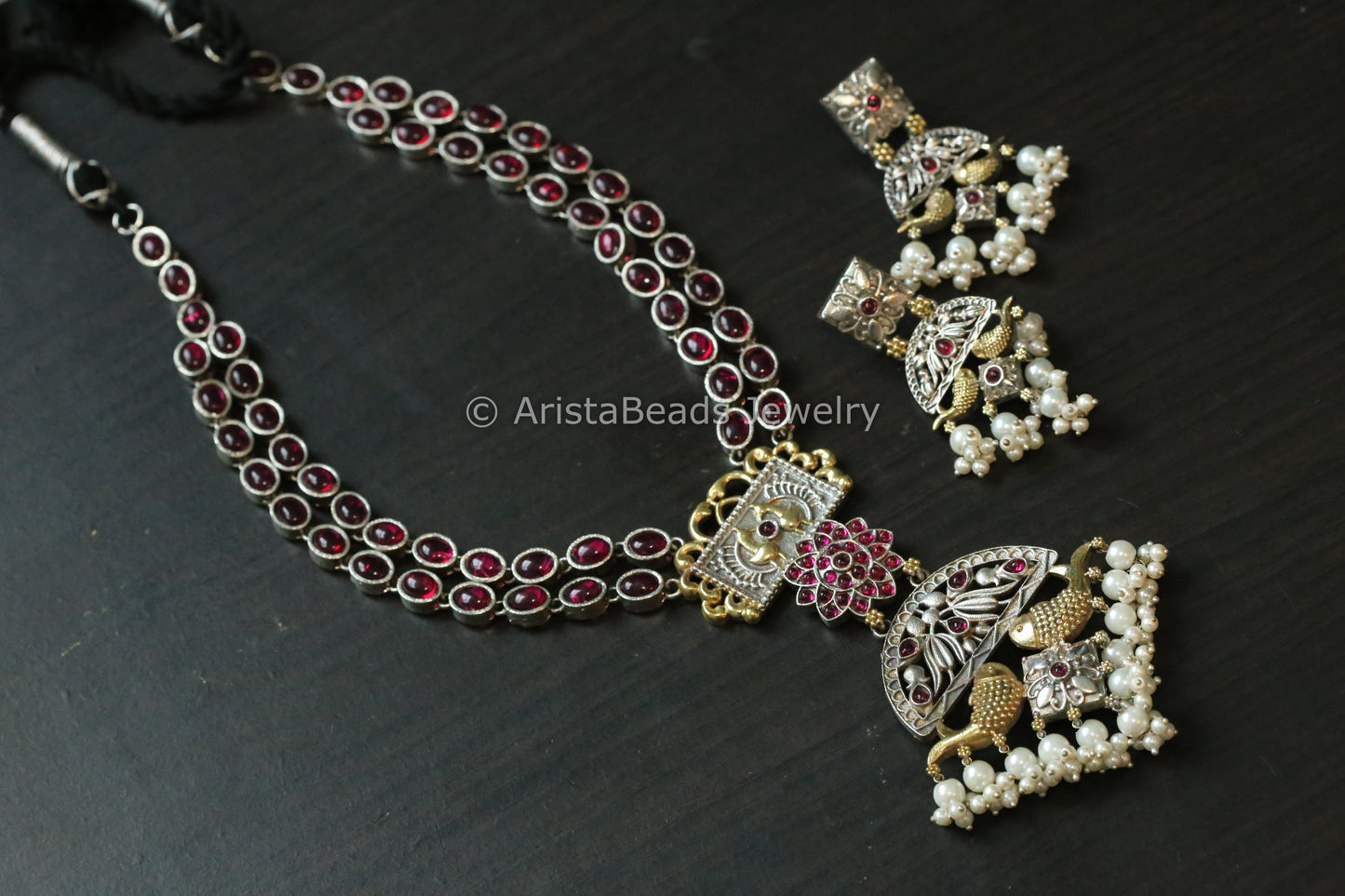 Dual Tone Ruby Kemp Brass Necklace Set